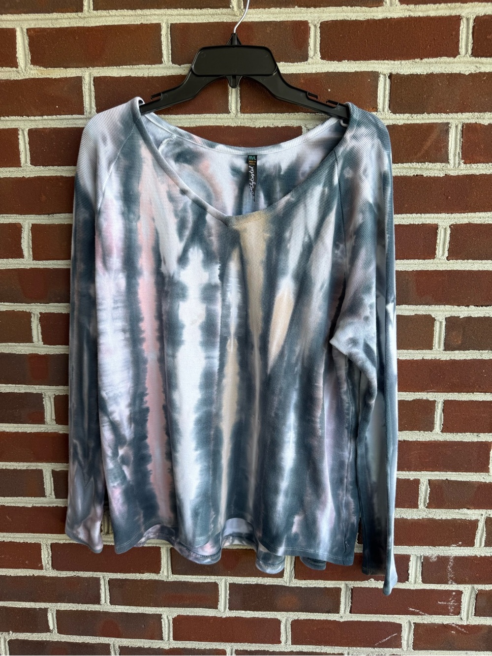 Brightly Twisted Tie Dye Thermal Waffle Knit Long Sleeve Top M/L⁠ Made in USA